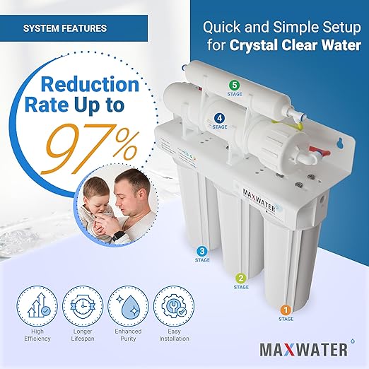 Max Water 5 Stage 100 GPD (Gallon Per Day) RO (Reverse Osmosis) Standard Water Filtration System for Heavy Duty - Under-Sink/Wall Mount - Model: RO-5W3