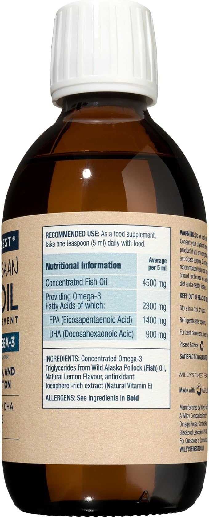 Wiley's Finest Wild Alaskan Fish Oil Peak Omega-3 Liquid Supplement - 2300mg EPA and DHA Omega-3s - Lemon Flavor - 8.45 Oz (50 Servings)