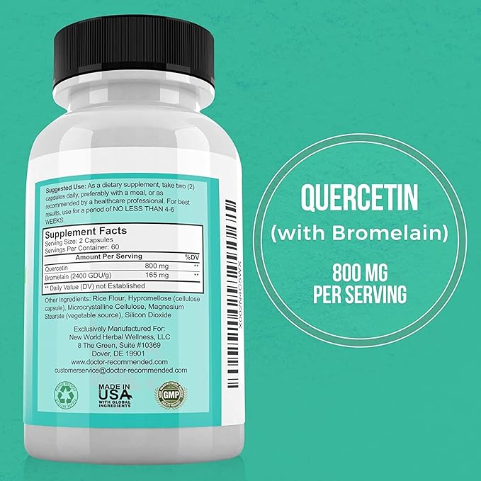 Quercetin 800mg w/Bromelain 165mg Per Serving- 120 Veggie Capsules-Full 60 Day Supply, Vitamin Supplement, Bioflavonoids, Gluten Free, Non-GMO (Pack of 3)