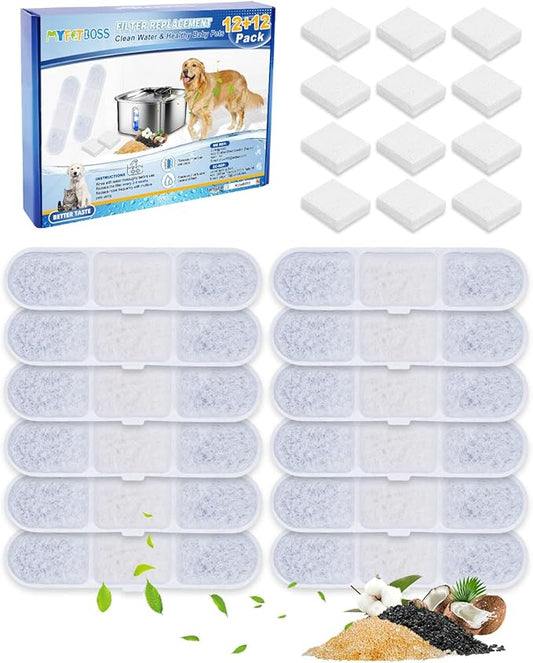 12+12 Pack Dog Fountain Water Bowl Filters Compatible with MAILOFY Pet Water Fountains WF530 9L/2.4GaL, Large Dog Dispenser Replacement Filter for Cat Automatic Waterer Fountain