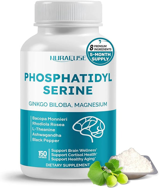 High Potency Phosphatidylserine with Ginkgo Biloba, Magnesium, L-Theanine, Ashwagandha & Black Pepper – Supports Brain Wellness, Cortisol Health & Healthy Aging* – Made in The USA