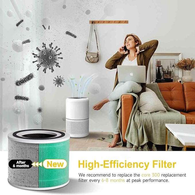Core 300 Air Purifier Replacement HEPA Filter （Toxin Absorber）for LEVOIT Core 300-P/300S, H13 True HEPA + Activated Carbon, 99.97% Dust Pollen Pet Dander Smoke, 2 Pack (green)