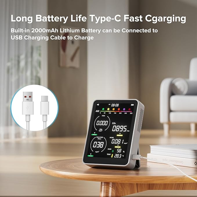 16 in 1 Air Quality Monitor Indoor-Portable Indoor Air Quality Meter with 7AQI Beep Alarm,for CO2,HCHO,TVOC,PM2.5, PM1.0,PM10,AQI,Temperature,Humidity & Time Display (Grey)