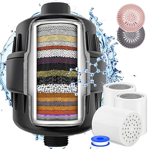 Shower Filter, 20 Stage Shower Head Filter for Hard Water High Output Shower Water Filter Shower Water Softener with 3 Replaceable Filter Cartridges Reduce Chlorine, Dry Skin, Itchy Scalp -Black