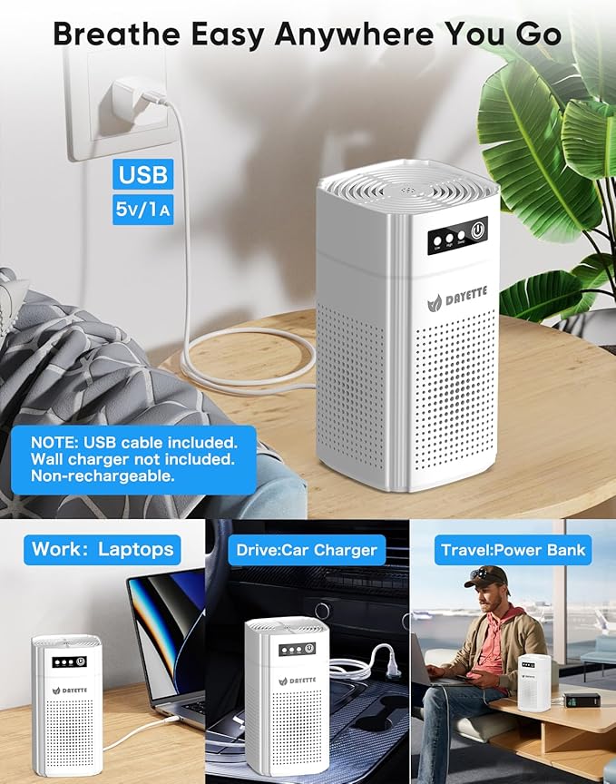 Air Purifiers for Bedroom, DAYETTE H13 True HEPA Air Filter Purifier for Small Room Up to 960 Ft², Qiuet Sleep Mode with Aroma Pad, Small Portable Air Purifier with USB Cable