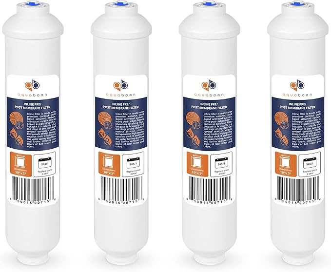 Aquaboon T33 Inline Post Activated Carbon Water Filter for Refrigerator, Ice Maker w/Quick Connect for 1/4 Water Line Compatible with ICF-10, 4-Pack
