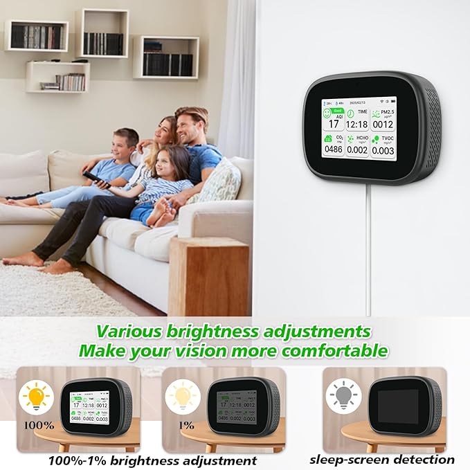 18-in-1 Smart Air Quality Monitor - Indoor WiFi Air Quality Detector with Dual Chip, Real-Time for AQI, CO2, PM2.5, PM1.0, PM10, TVOC, HCHO, Time Display, Temperature & Humidity with Aler (Black-W)