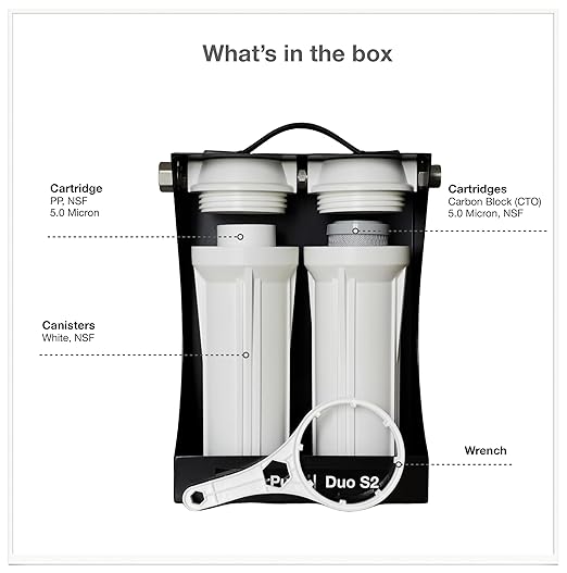 Duo S2 External 2-Stage RV Fresh Water Filter System, High Flow, NSF Housings, 3/4" GHT Stainless Steel Fittings, Reduce Sediment, Chlorine, Odor, Heavy Duty Free-Standing Chassis, White