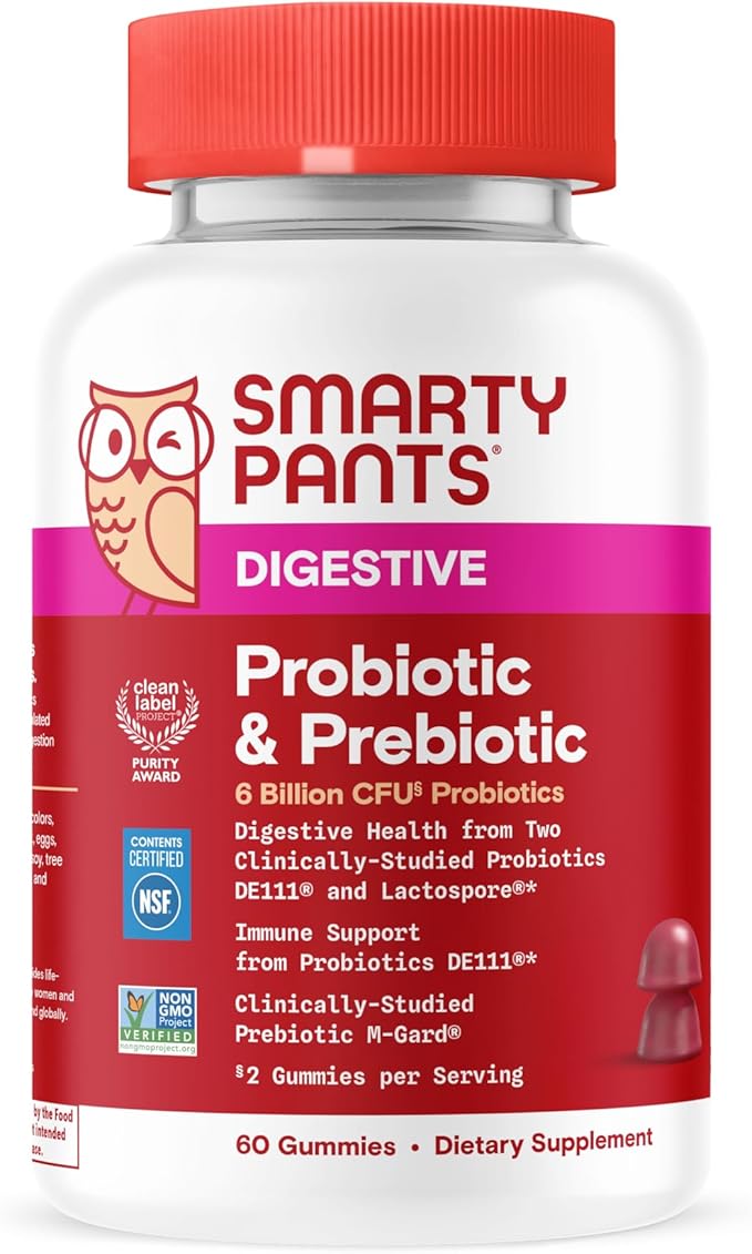 SmartyPants Adult Probiotic & Prebiotic Gummies for Digestive Health: 6 Billion CFU Gut Health Supplement, Clinically Studied Prebiotic for Immune Support, Grape, 60 Count (30 Day Supply)