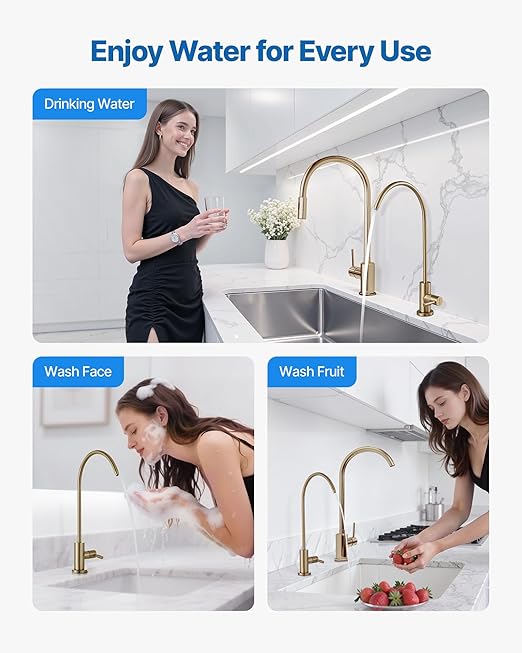 VEVOR Water Filter Faucet, SUS 304 RO Faucet, Lead-Free Solid Brass Valve Drinking Water Faucet, Fit Most Reverse Osmosis and Water Filtration System, Kitchen Filtered Water Tap, Brushed Gold