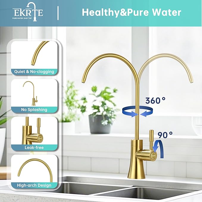 EKRTE Brushed Gold Water Filter Faucet, Water Filtration Faucet Brushed Gold Drinking Water Faucet for Kitchen Sink