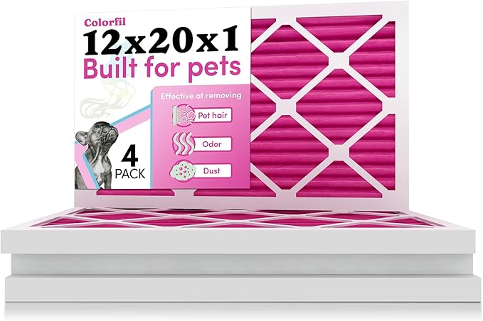 12x20x1 Air Filter by Colorfil | Color Changing Filters for Cat and Dog Odor | MERV 8 Furnace AC Filter for Pet Hair and Dust | 11.5"x19.5"x0.75" Exact Size | Pack of 4