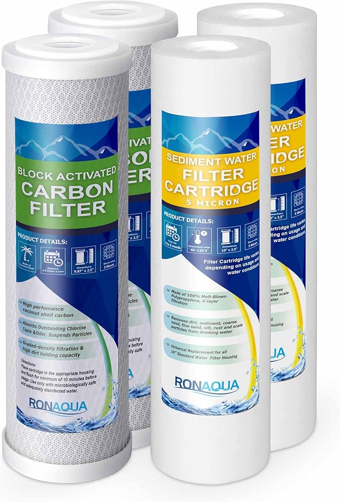 2 Standard Coconut Shell Block Carbon & 2 Four Layers of Filtration Polypropylene Sediment 5 Micron 2.5"x 10" Water Filter Cartridges Universal replacement for Reverse Osmosis & Standard 10” Housing