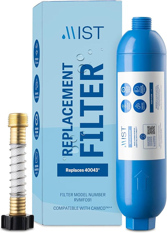 Mist 40043 Replacement for Camco RV Inline Water Filter 40043, 40013, 40041, with Flexible Hose Protector. Reduces Bad Taste, Odors, Chlorine, Lead and Sediment, 1 Pack