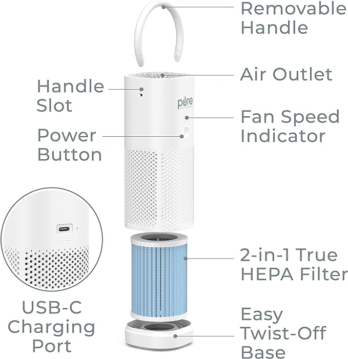 Pure Enrichment PureZone Mini Portable Air Purifier - Cordless True HEPA Filter Cleans Air & Eliminates 99.97% of Dust, Odors, & Allergens Close to You - Cars, School, & Office (White)