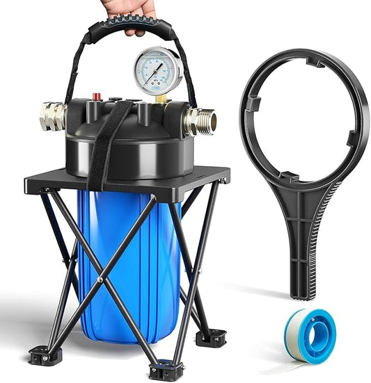 6-Layer RV Water Filter with Stand and Pressure Gauge, 3/4" GHT Metal Threads Inline Water Filter, Removes Sediments, Chlorine, VOCs, Heavy Metals, Bad Taste, Odor, and More