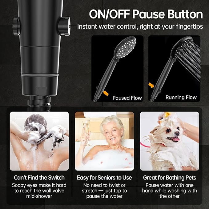 Veken 11.8 Inch Rain Shower Head with Handheld- High Pressure Dual Shower Heads with 5 Modes Handheld Spray Combo- Wide Rainfall Showerhead with Hose, Bathroom Accessories, Matte Black