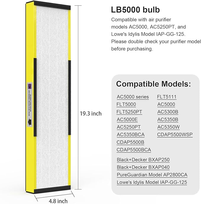 3 Pack FLT5000 True HEPA Filter C + LB5000 UV Bulb Compatible with AC5000/AC5000E/AC5250PT/AC5350B/AC5350BCA/AC5350W/AC5300B & CDAP5500BCA/CDAP5500WSP