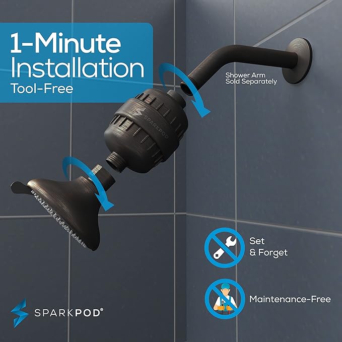 SparkPod 23-Stage Filtered Shower Head with 3 Spray Settings - High Pressure Shower Head with Filters for Dry Hair and Skin - Showerhead with Filter Reduces Chlorine & Heavy Metals (Oil-Rubbed Bronze)