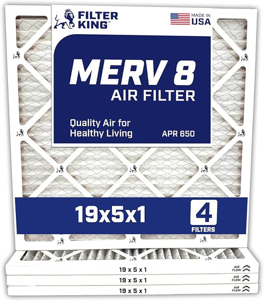 Filter King 19x5x1 Air Filter | 4-PACK | MERV 8 HVAC Pleated A/C Furnace Filters | MADE IN USA | Actual Size: 19 x 5 x .75"