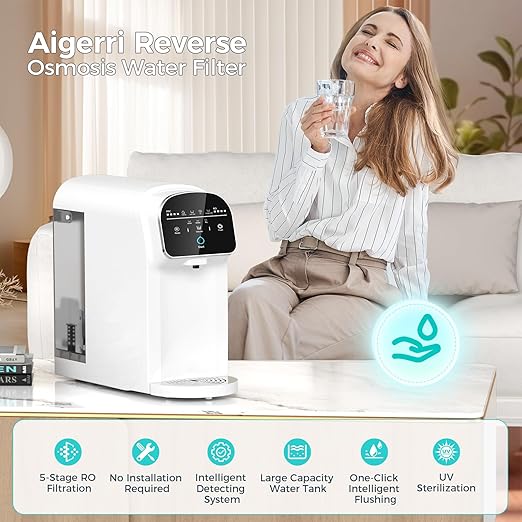 UV Reverse Osmosis Water Filter Countertop, 5-Stage RO Water Filtration System, 5:1 Pure to Drain, No Installation Required, Portable Water Purifier for Home Kitchen