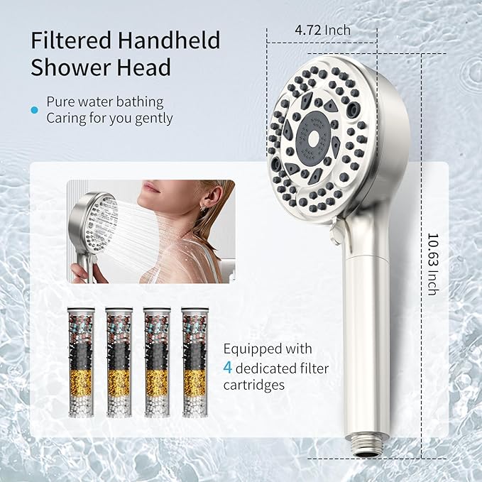 Filtered Shower Head with Handheld, 9 Spray Mode High Pressure Shower Head with 4 Filters, Hard Water Filter Showerhead - Remove Chlorine, Brushed Nickel
