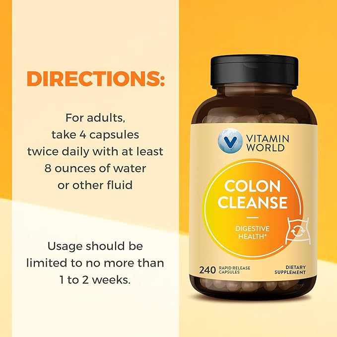 Vitamin World Colon Cleanse - 240 Capsules, Gut Detox with Psyllium Husk, Senna, Probiotics, Dietary Fiber & Herbal Blend – Supports Constipation Relief, Digestive Health & Regularity, Gluten-Free