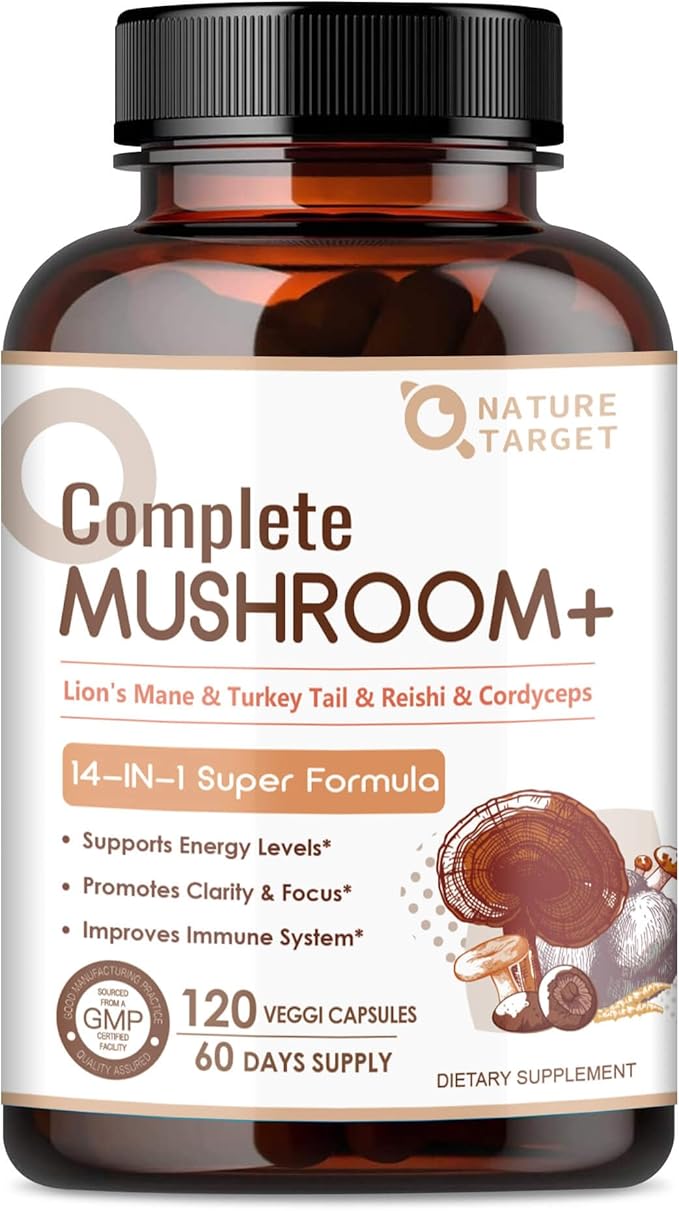 Mushroom Supplement, Mushroom Complex with Lion's Mane, Turkey Tail, Reishi, Cordyceps, Shiitake, 14-in-1 Mushrooms for Memory and Focus, 120 Capsules