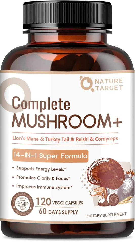 Mushroom Supplement, Mushroom Complex with Lion's Mane, Turkey Tail, Reishi, Cordyceps, Shiitake, 14-in-1 Mushrooms for Memory and Focus, 120 Capsules