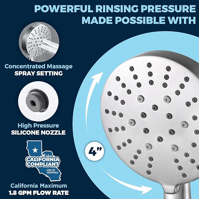 HammerHead Showers Solid Metal 3-Spray Handheld Shower Head with Long Hose and Holder, High Pressure, Wide/Massage/Mist Sprays, Brushed Nickel, 1.75 GPM