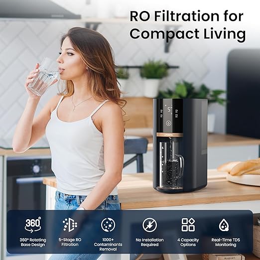 Countertop Reverse Osmosis Water Filter, 5 Stage RO Water Filtration System with UV, 4:1 Pure to Drain, Innovative 360° Swivel Base, Portable No Installation Water Purifier with Water Pitcher