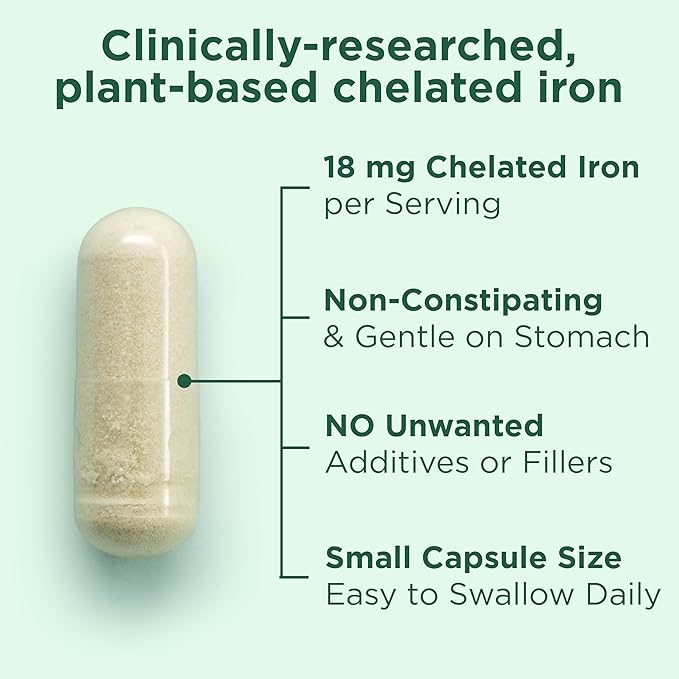 Yuve 100% Vegan Whole Food Chelated Iron Supplement 18mg – Tasteless, Non-Constipating, Gentle on Stomach, Energy Support – Gluten-Free, Non-GMO, 60 Capsules