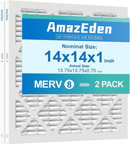 14x14x1 Air Filter MERV 8 2Pack MPR 600 FPR 5 AC Furnace Filters Pleated Dust Defense Air Conditioner Replacement Filters Home Office (Actual Size: 13.75x13.75x0.75 Inches)