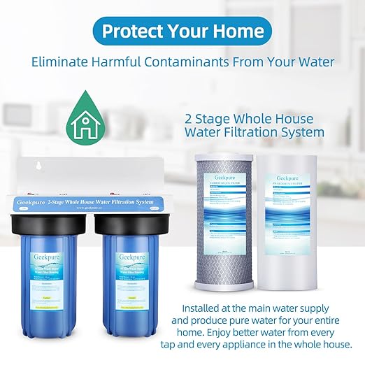 Geekpure 2 Stage Whole House Water Filter System with 10-Inch Blue Housing-1" Port