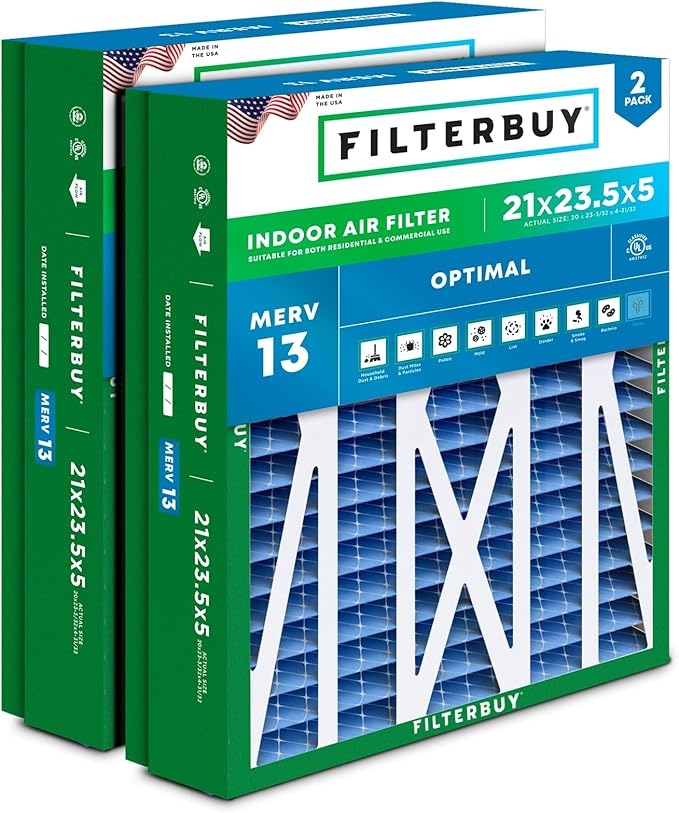 Filterbuy 21x23.5x5 Air Filter MERV 13 Optimal Defense (2-Pack), Pleated HVAC AC Furnace Air Filters Replacement for Trane Perfect Fit & American Standard (Actual Size: 20.00 x 23.09 x 4.97 Inches)