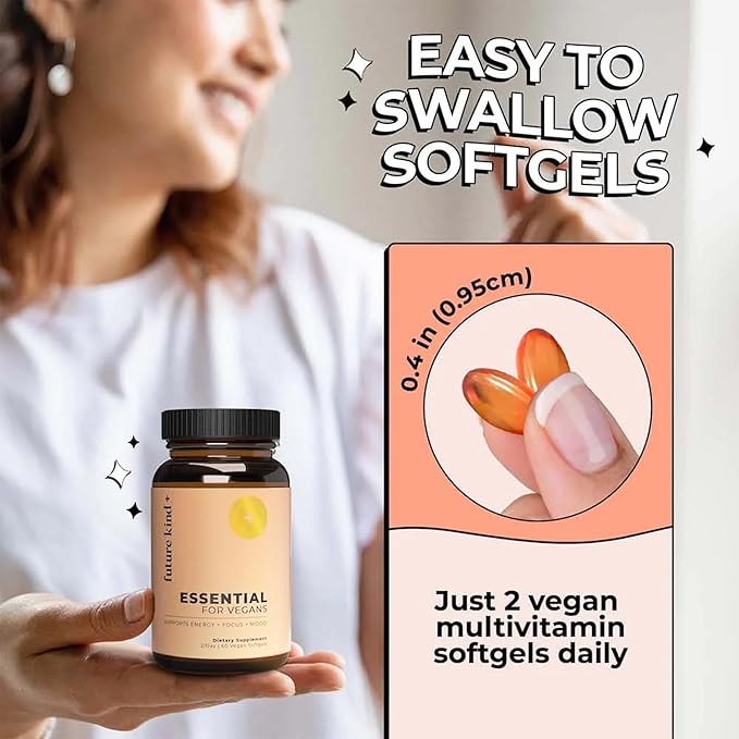 Future Kind Vegan Multivitamins - Glass Bottle & Made for Vegans with Omega 3 DHA, EPA, Vitamin B12 & D3 for Energy, Focus, & Mood (60 Softgels)