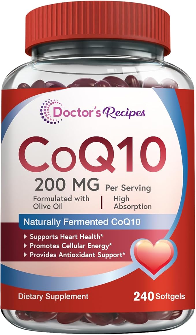 Doctor's Recipes CoQ10 200mg Per Serving, High Absorption Coenzyme Q10 Supplement with Olive Oil, Heart & Vascular Health, Energy Production & Antioxidant Support, 4 Month Supply, 240 Softgels