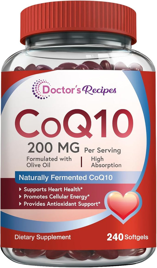 Doctor's Recipes CoQ10 200mg Per Serving, High Absorption Coenzyme Q10 Supplement with Olive Oil, Heart & Vascular Health, Energy Production & Antioxidant Support, 4 Month Supply, 240 Softgels