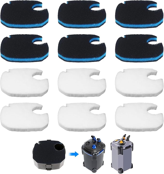 12 Pcs Replacement Canister Filter Pads Compatible with PONDFORSE 172/225/265GPH, Aquarium Filter Floss for AMOSIJOY Canister Filter(6 White Floss Pads & 6 Coarse Filter Pads with Actived Carbon)
