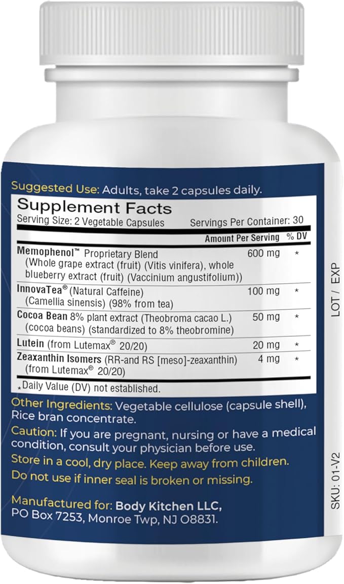 Body Kitchen EXEED Mind Crafted Supports Mental Clarity, Cognitive Function, with Memophenol, Lutemax 20/20, InnovaTea, Veggie Caps, 60 Count