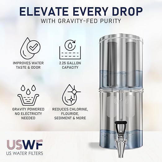 USWF Gravity Fed Water Filter System, 2.25 Gal Stainless Steel, w/ 2 Carbon Filters, 2 Fluoride Filters, Portable w/Metal Sight Glass Spigot & Stand, NSF/ANSI 372 Certified