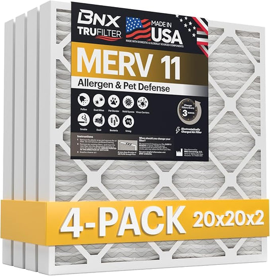BNX TruFilter 20x20x2 Air Filter MERV 11 (4-Pack) - MADE IN USA - Allergen Defense Electrostatic Pleated Air Conditioner HVAC AC Furnace Filters for Allergies, Dust, Pet, Smoke, Allergy MPR 1200 FPR 7