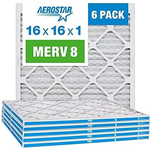 Aerostar 16x16x1 MERV 8 - 6 Count - Pleated HVAC, Furnace & Air Conditioner Filters - Removes Dust, Lint, Mold & Allergy-Causing Pollen