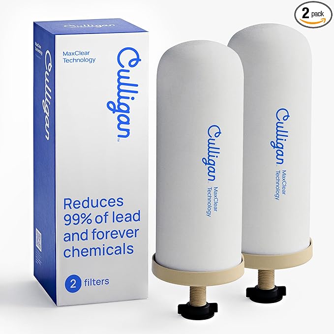 Culligan MaxClear 7” Gravity Water Filter Replacement Compatible with Berkey Water Filter Systems, Ceramic & Carbon Gravity Filter NSF/ANSI Certified, Reduce Total PFAS, Microplastics & Lead, 2-Pack