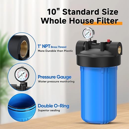 PUREPLUS Whole House Water Filter Housing, 10"x4.5" Sediment Cartridge Universal Housing, Pre-Filtration System, with Pressure Gauge, 1" NPT Port