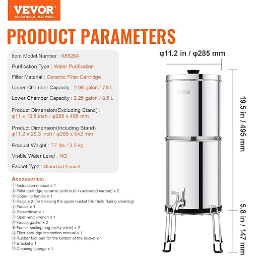 VEVOR Gravity-fed Water Filter System, 2.25G 304 Stainless-Steel Countertop Water Filtration System, Reduces Lead and up to 99% of Chlorine, with 2 Ceramic Carbon Filters, Spigot, and Stand