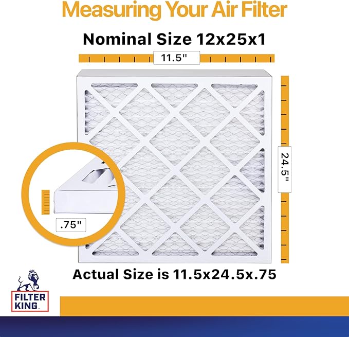 Filter King 12x25x1 Air Filter | 6-PACK | MERV 13 HVAC Pleated A/C Furnace Filters | MADE IN USA | Actual Size: 11.5 x 24.5 x .75"