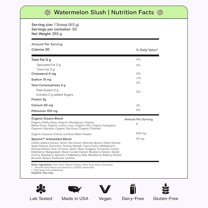 Kiala Nutrition Super Greens, Organic Greens Powder with Spirulina & Chlorella for Digestion, Gut Health, Immunity, Energy, Gluten Free, Vegan, Sugar Free, Spectra Blend, Watermelon Slush, 30 Servings