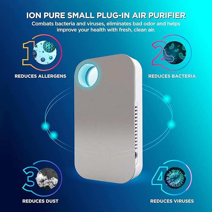 Ion Pure Plug In Air Purifier for Home | Negative Ion Technology for Allergen and Odor Reduction No Filter Compact, Quiet Operation Air Ionizers for Home Kitchen, Bedroom, Bathroom Air Purifiers