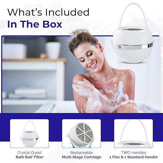 Crystal Quest Bath Ball Water Filter for Bathtub - 3-Stage Filtration, Removes Chlorine, Chloramine & Byproducts, 2,500 Gallons, BPA Free, pH Balanced Water, Fits Most Tubs, Easy Install - White